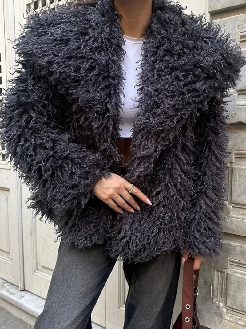 Fl 2025 inverno lulicore moda marrom casaco de pele do falso feminino chique outono quente fofo jaqueta de pele de ovelha grande gola de pele novo