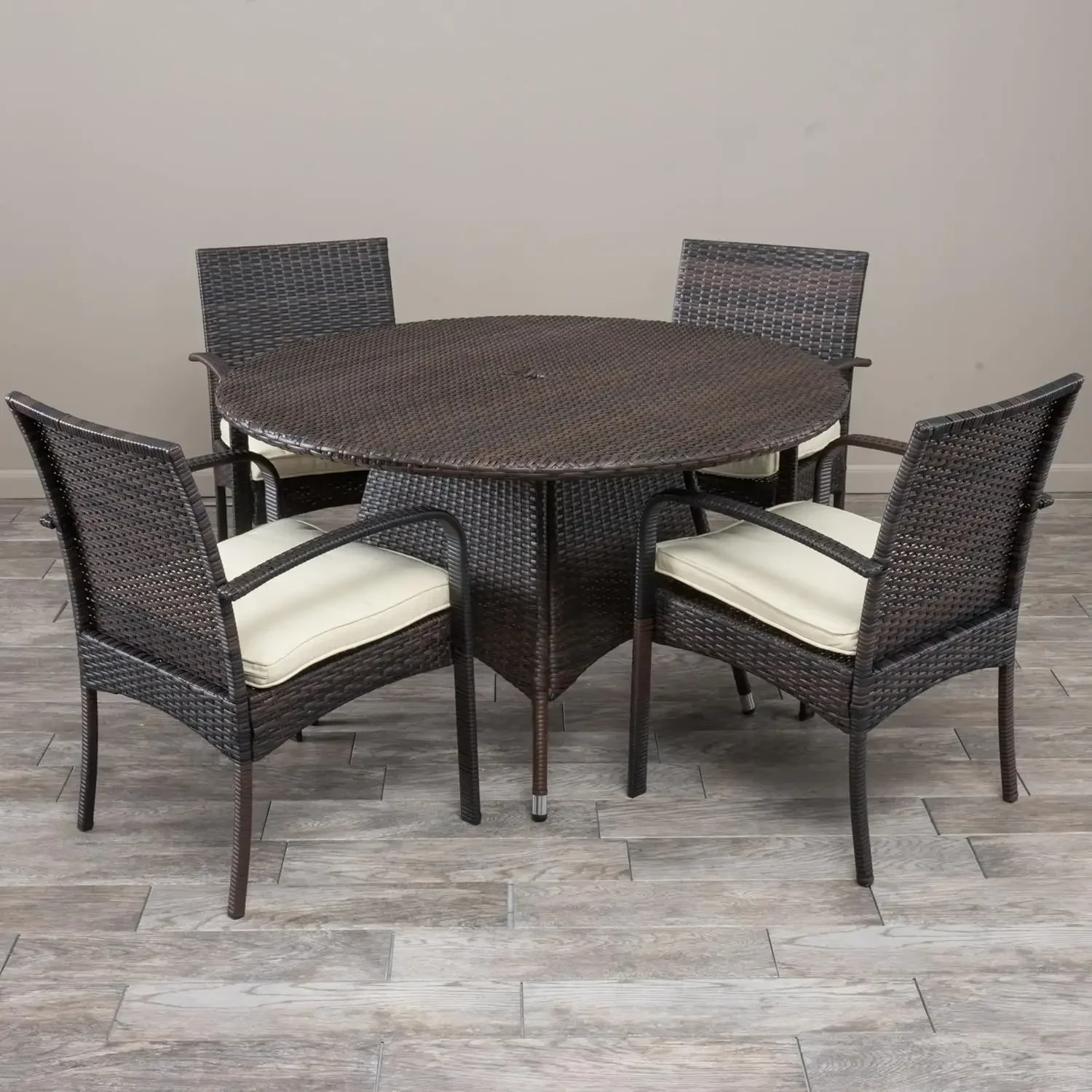 Theodore Outdoor Wicker 5 Piece Dining Set with Water Resistant Cushions, 22.1 