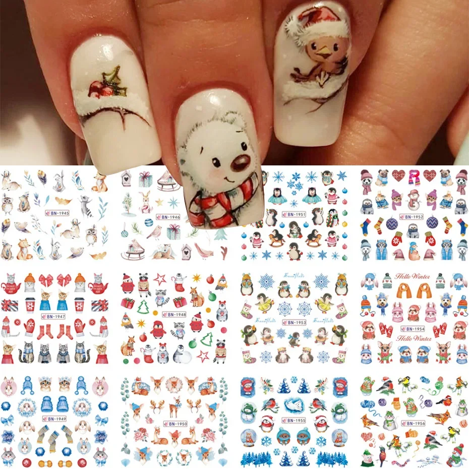 12pcs Cartoon Animals Xmas Nail Sticker Penguin Bird Elk Cat Rabbit Nail Design Water Transfer Slider Winter Decor SABN1945-1956