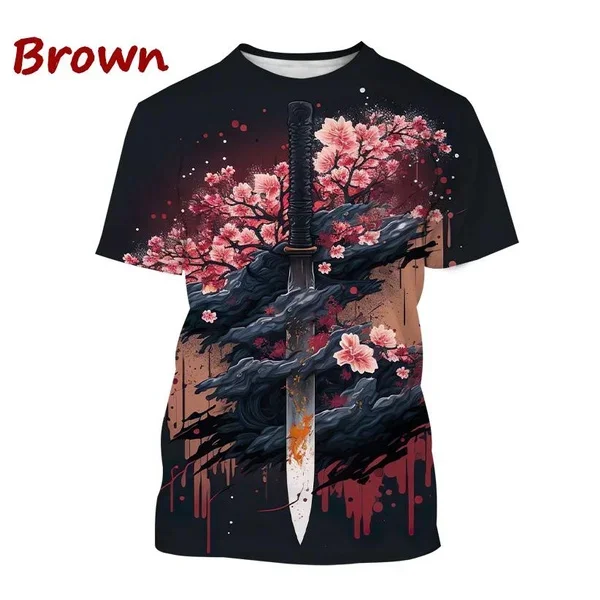 Hot Sale Sakura Katana Men's and Women's Fashion Casual Tops Weapon Dagger Round Neck Short Sleeve New Sword 3D Printing T-shirt