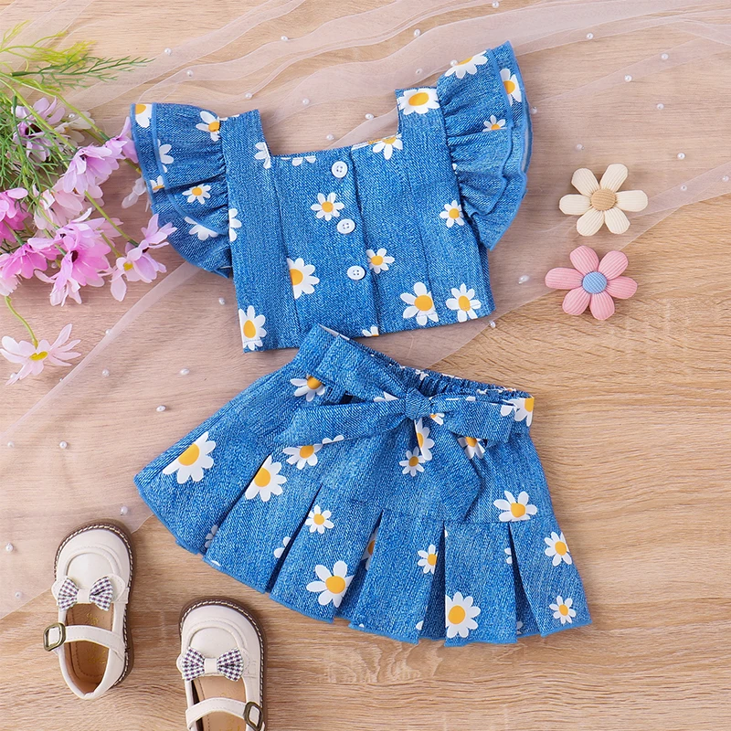 

Kids Girl 2 Piece Outfit Floral Ruffle Front Button Tops Pleated Skirt with Belt Set for Toddler Summer Fashion Clothes Set