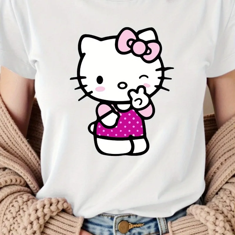 

Cute Sanrio Hello Kitty Cartoon Printed T-shirt Summer Women's Plus Size T-shirt Loose Casual Multifunctional Short Sleeved Top