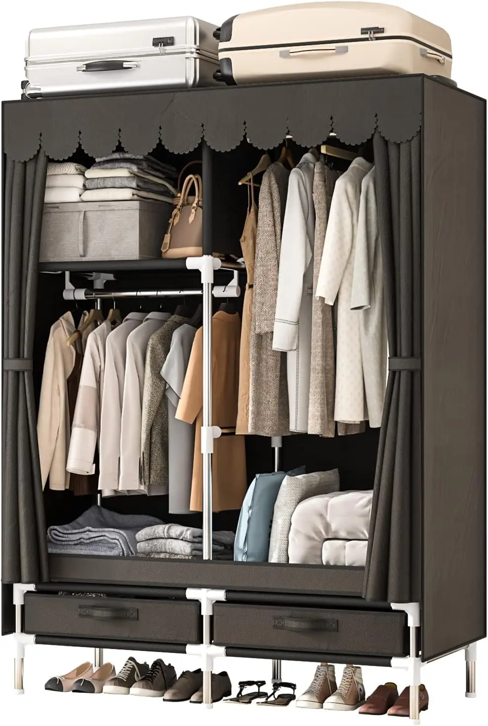 

Portable Wardrobe Closet for Bedroom, Small Storage Organizer with 2 Drawers and 2 Hanging Rods, Includes Dust Cover.(Brown,
