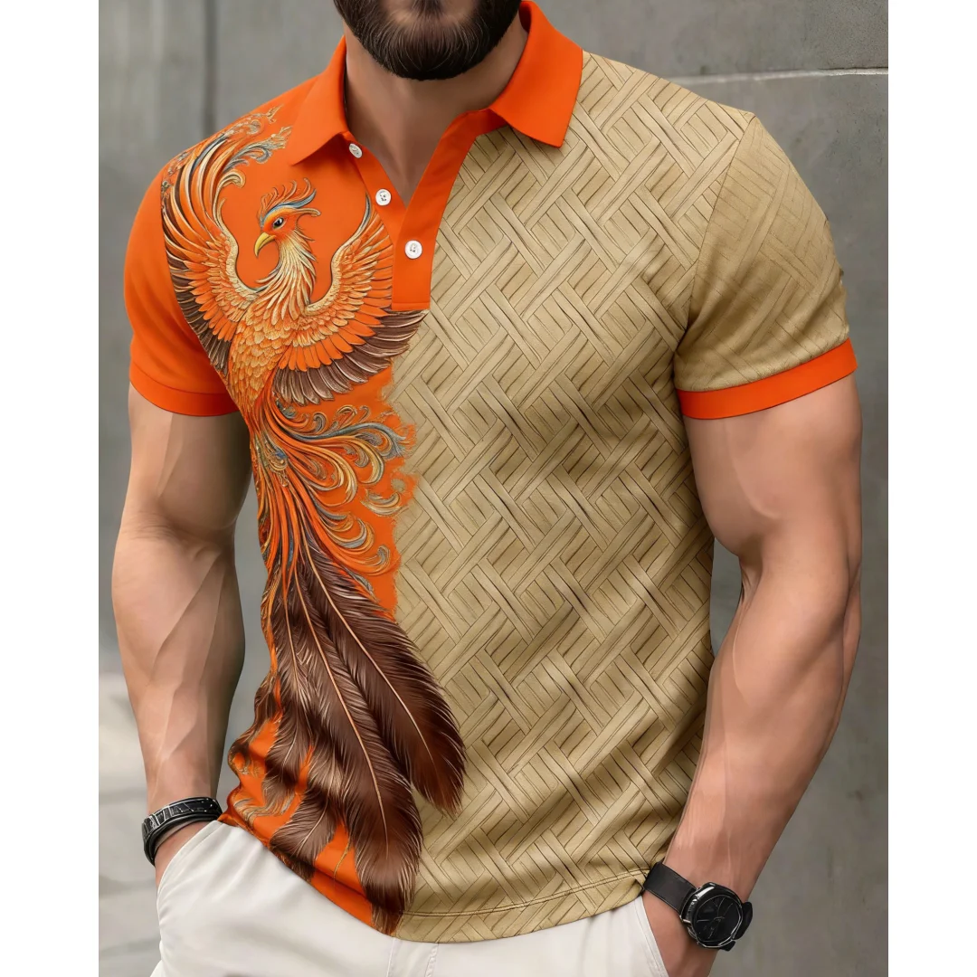 

Fashion Ethnic Pattern Print Polo Shirt Contrast Color Pattern Short Sleeve Shirts Summer Casual Tops High Quality Men's Clothes