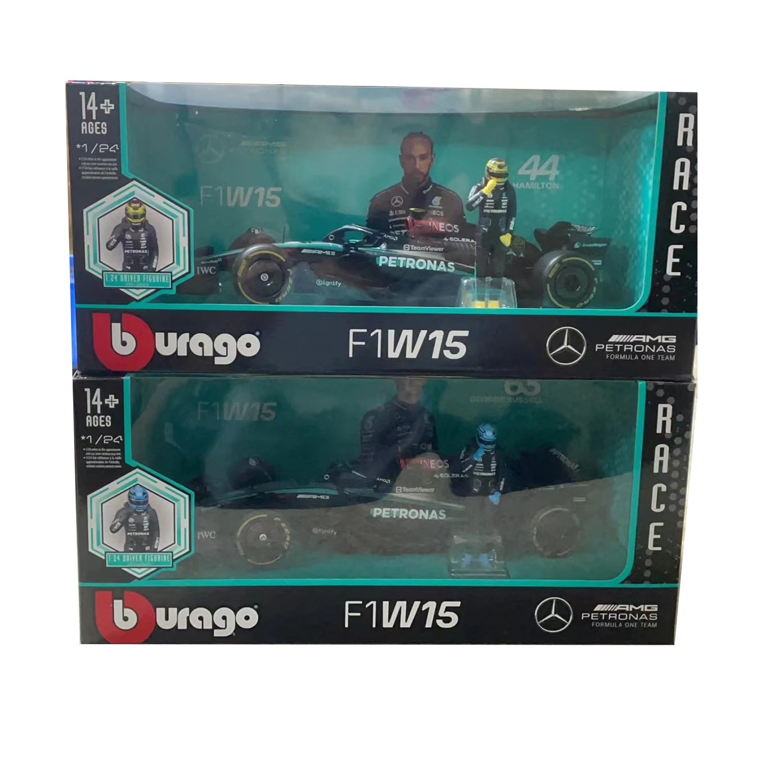 Bburago 1:24 2023 F1 Mercedes-AMG W15+Winning Doll 44# Hamilton 63# Russell Paint Formula One Alloy Super Toy Car Model