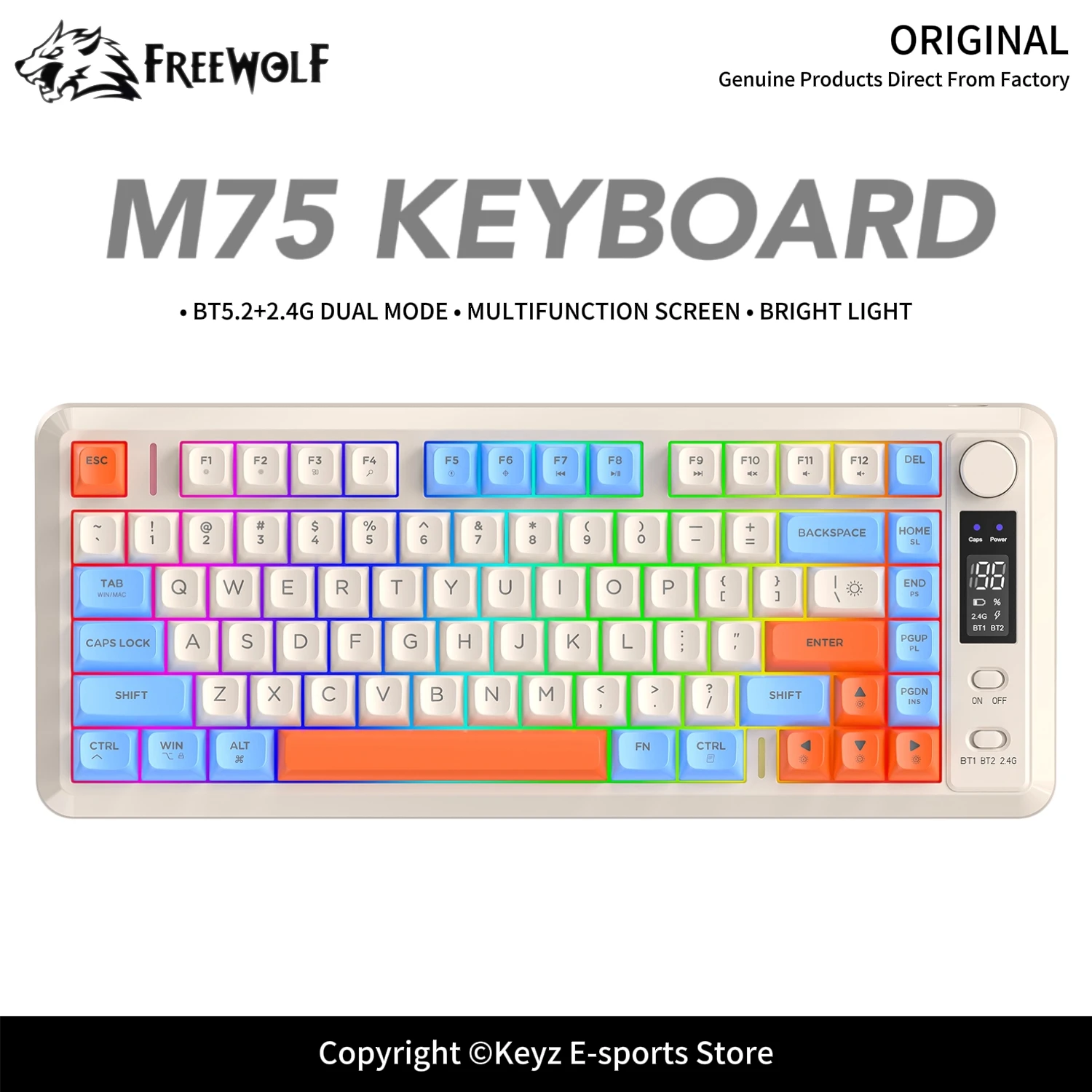 Teclado para Juegos M75 FREEWOLF 2.4G Bluetooth con Pantalla Digital Inteligente, 82 Teclas, Batería de Larga Duración, Conexión Multidispositivo para Deportes Electrónicos