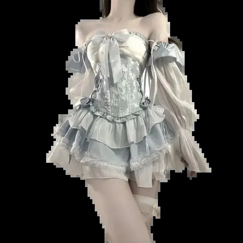 

French Romantic Style Lolita Opal Elegant Girl Cosplay Princess Puffy Sleeve Bowknot Flower Tunic Mesh Fantasy Fairytale Dresses