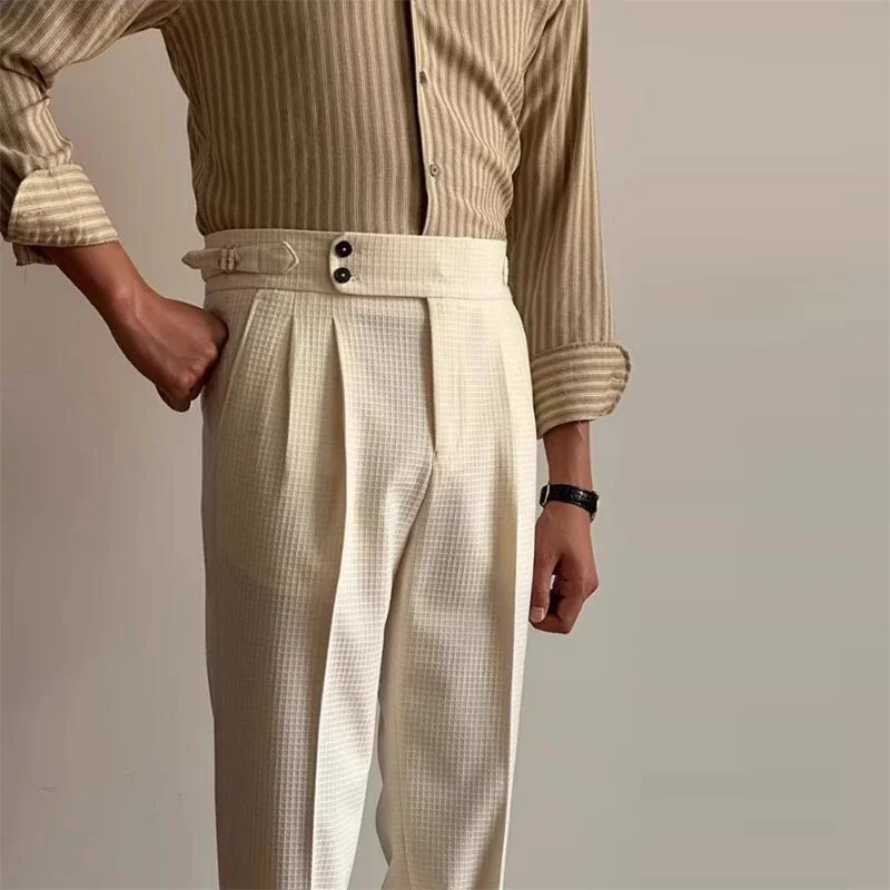 Vintage Belt-up High Waist Trousers Men Spring Summer Fashion Solid Color Waffle Breathable Pants Mens Old Money Aesthetic Pants