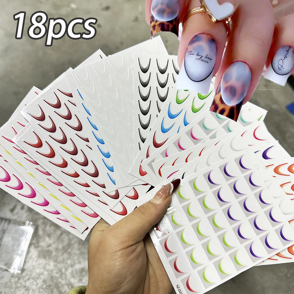18Pcs 3D French Line Nail Art Stickers Colorful Stripes Crescent Curved Lines Nail Decals Gradient French Tip Nail Sliders Set