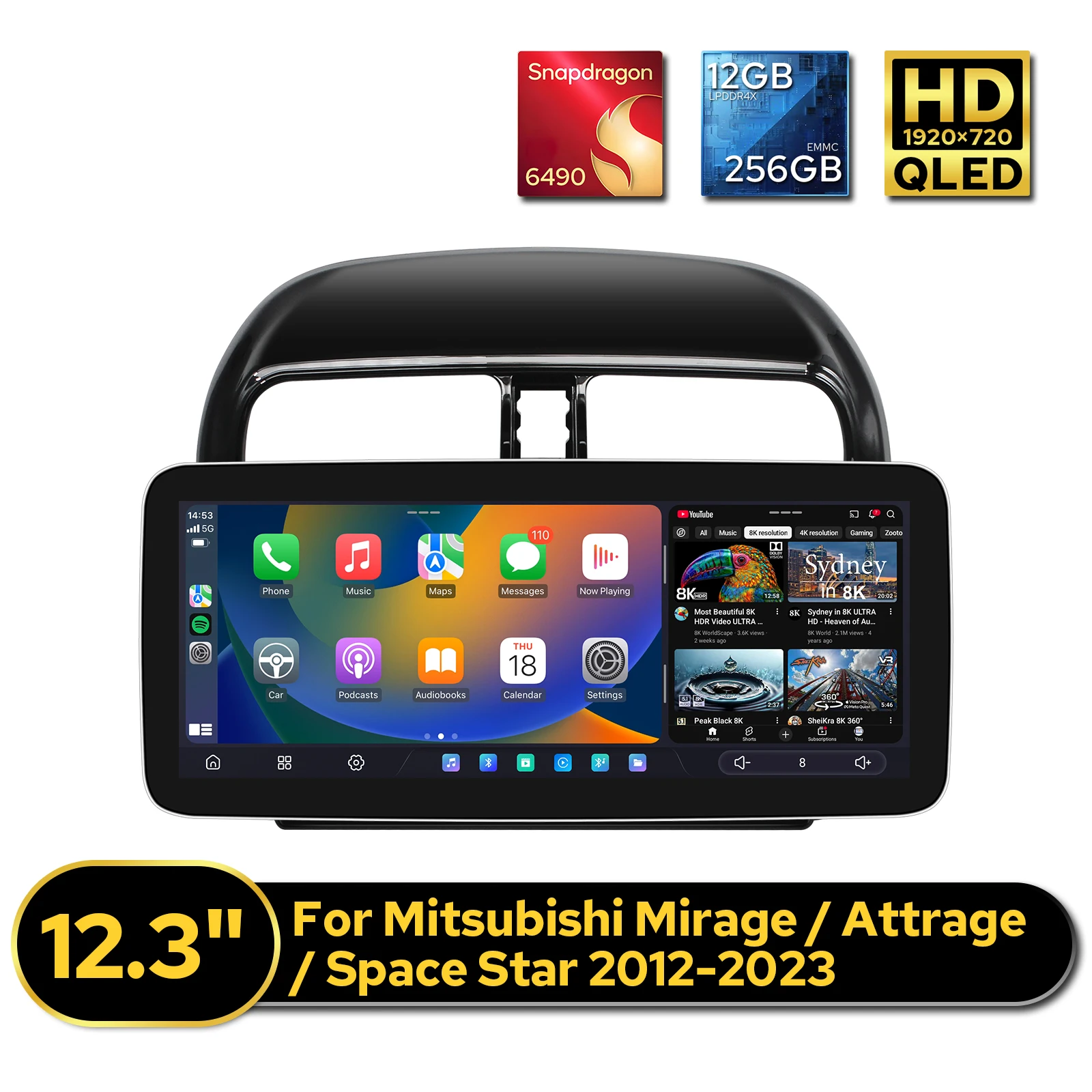 Radio Multimedia para Auto de 12.3 Pulgadas para Mitsubishi Mirage/Attrage/Space Star 2012-2023, 12+256 GB, 1920*720, Estéreo para Auto, Bluetooth Dual, Tipo C