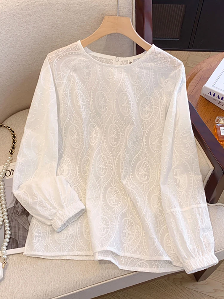 

Весенне-осенний женский топ свободного кроя с длинным рукавом и круглым вырезом, с текстурной вышивкой, модный повседневный корейский стиль