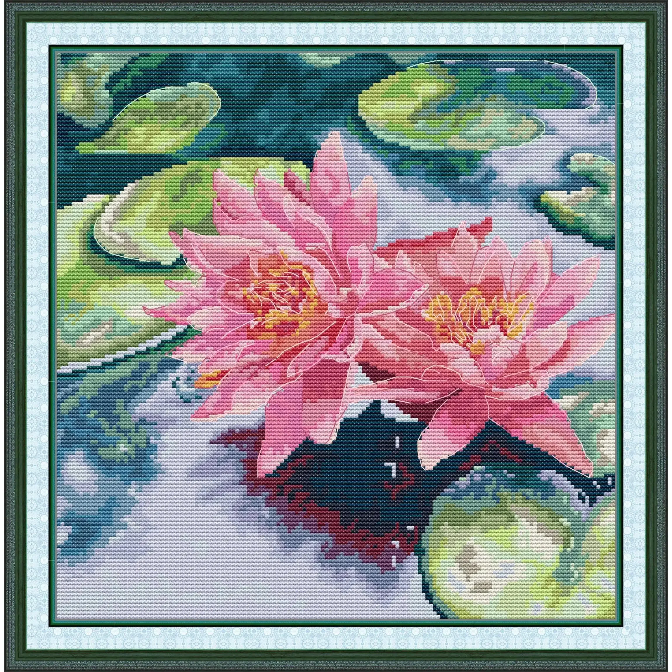 Joy Sunday Pre-printed Cross Stitch Kit  Easy Pattern Aida  Stamped Fabric Embroidery Set-Water Lily