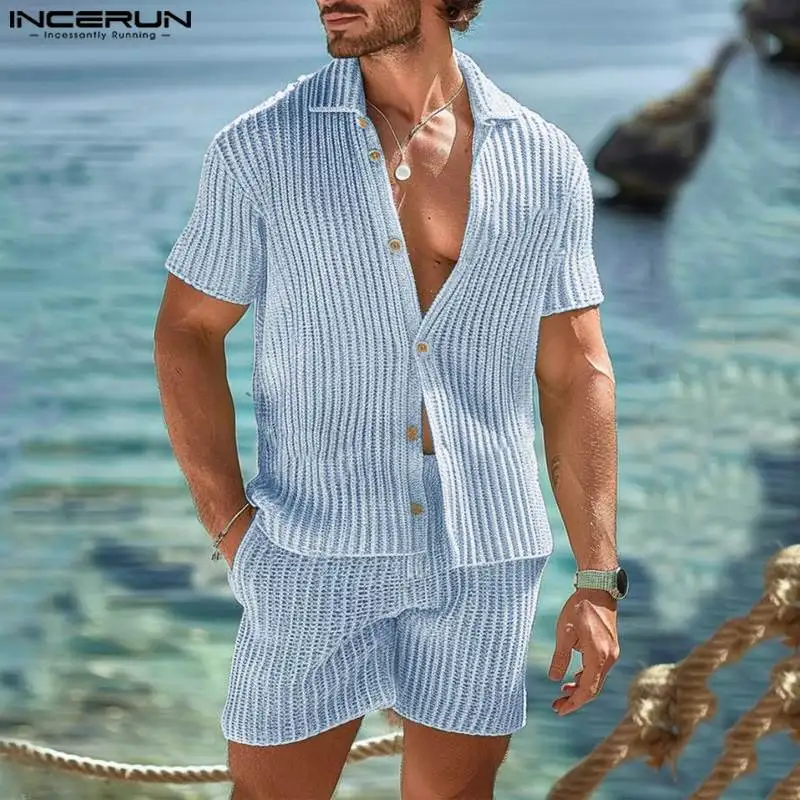 INCERUN Men Sets Patchwork Transparent Lapel Short Sleeve Shirt & Shorts Two Pieces Sets Streetwear Summer 2024 Men Casual Suits