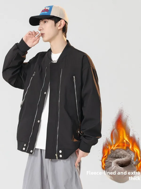

Утепленная флисовая куртка с бейсбольным воротником для мужчин, повседневная свободная верхняя одежда для осени и зимы, молодежная студенческая модель на молнии с карманами