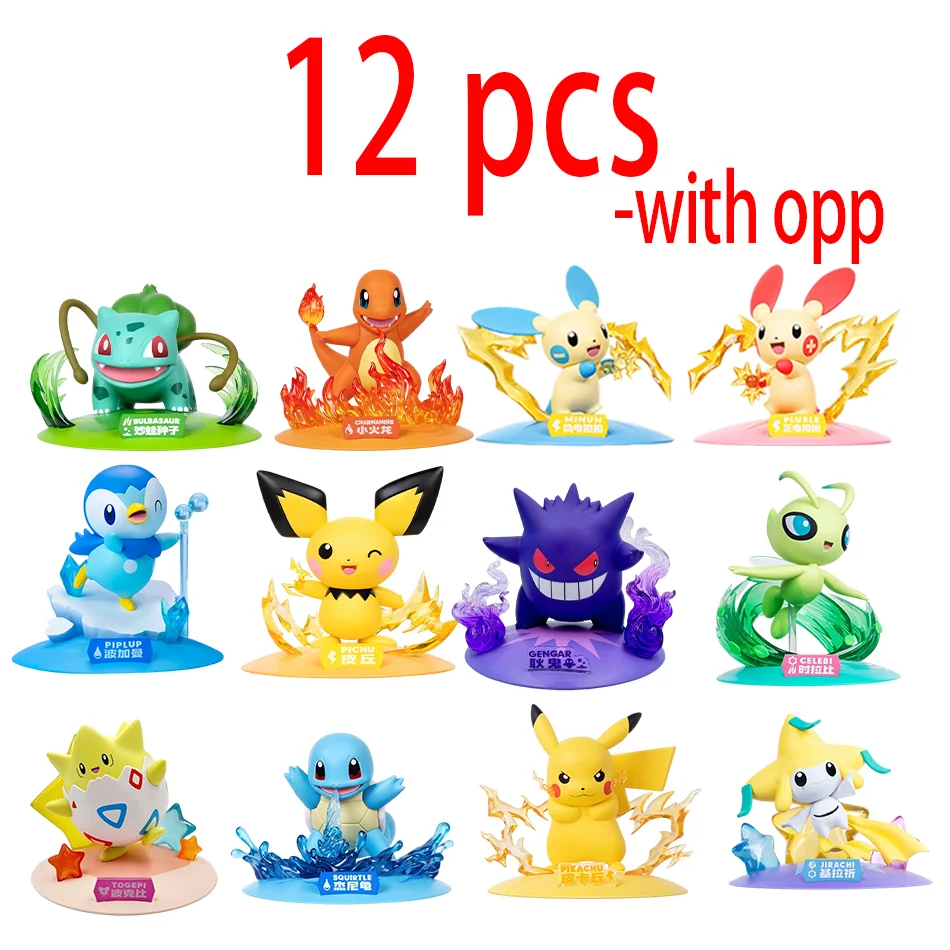 12 estilo pokemon ação bonecas pikachu gengar pequeno dragão de fogo anime modelos decoração caixa cega brinquedos presentes das crianças