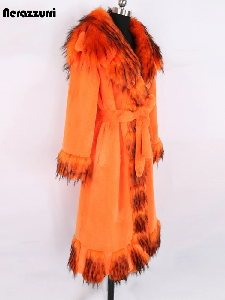 Nerazzurri Winter Long Orange Warm Thick Soft Fluffy Faux Fur Coat with Fur Trim Belt Elegant Luxury Retro European Fashion 2021