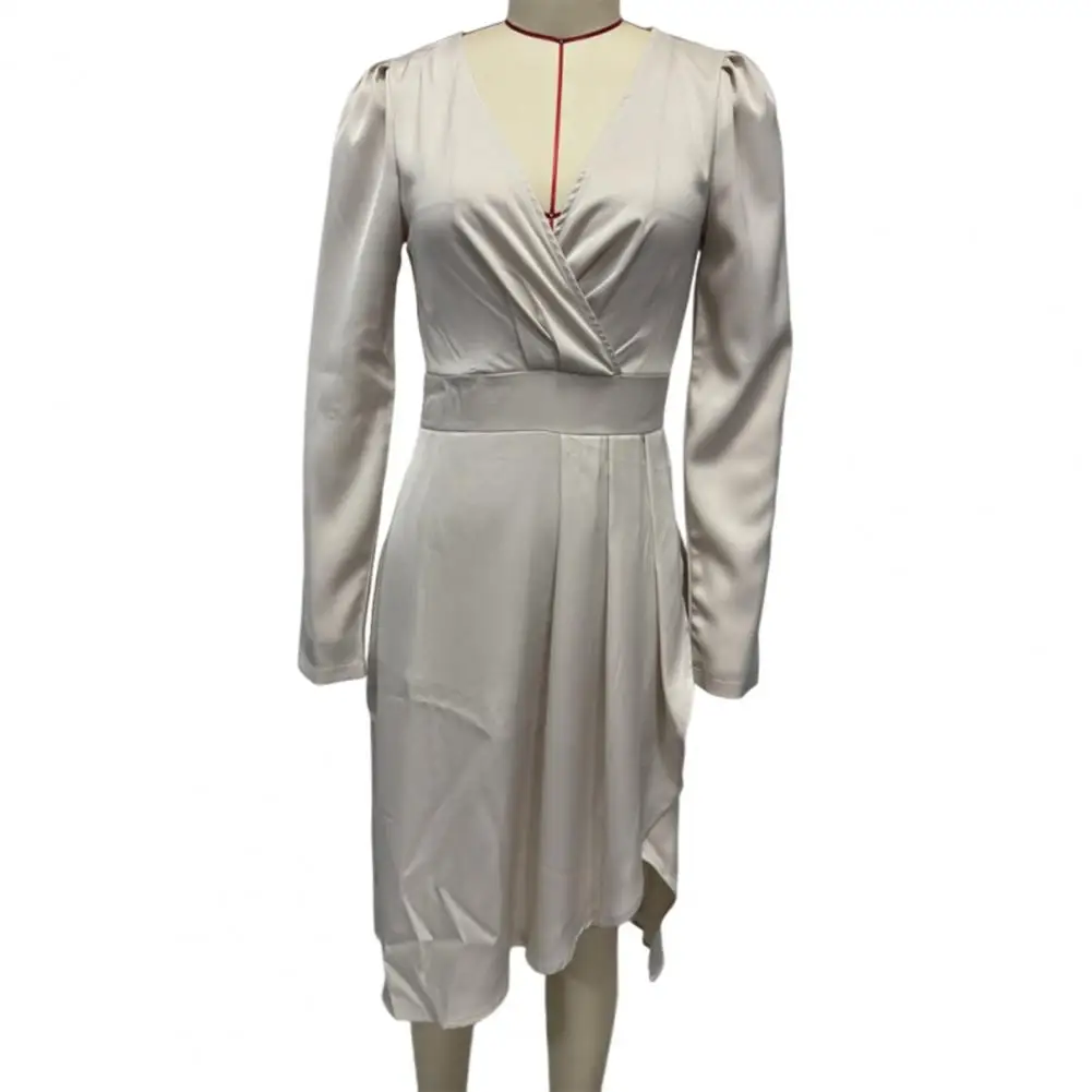 Vestido de cor sólida poliéster elastano vestido feminino cetim decote em v vestido manga longa envoltório midi plissado hem split cocktail casamento