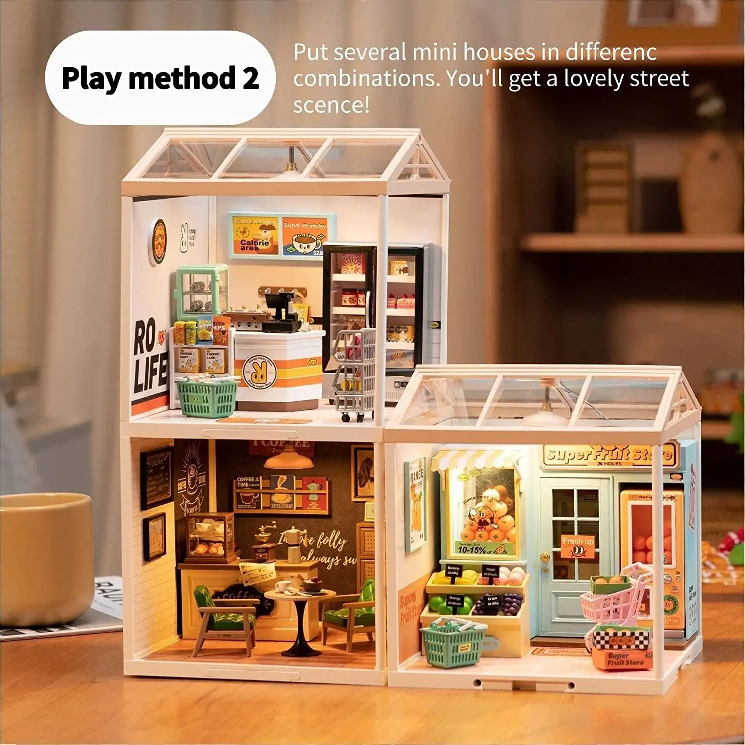 Conjunto de construção de casa de bonecas em miniatura com LED, kit de jogo de café DIY para adolescentes e adultos, presente de brinquedo de construção, decoração de quarto Diorama