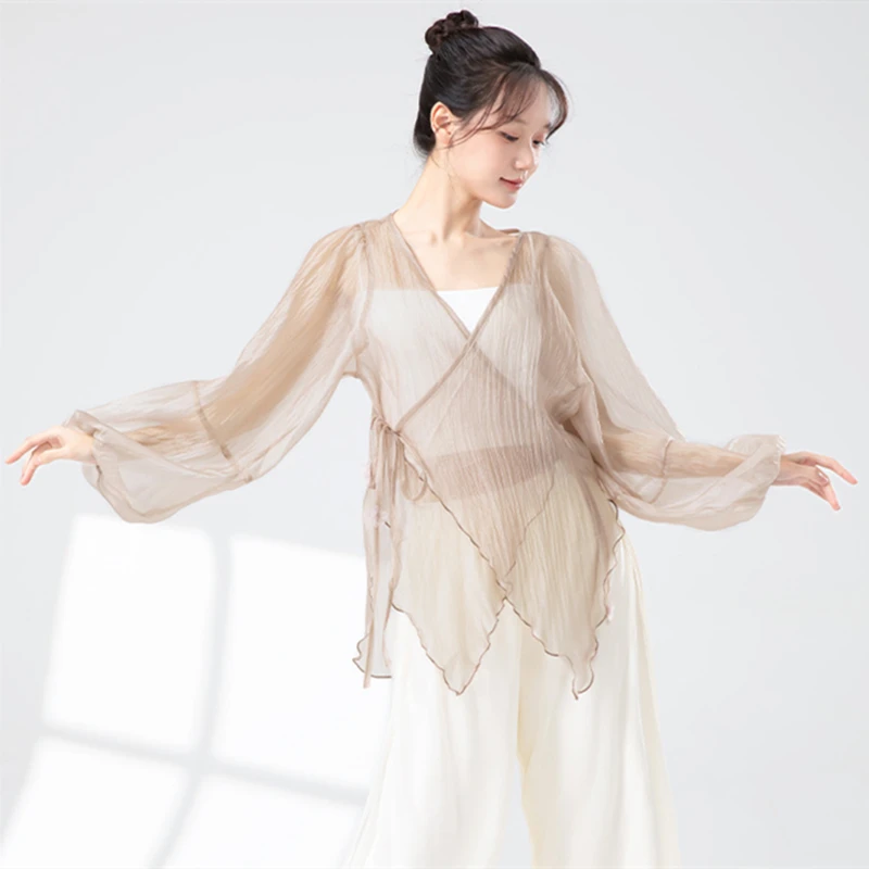 Costume da danza classica Top da donna Cardigan a maniche lunghe a sbuffo Camicia Guaze legata laterale Top larghi Flowy Camicetta da palcoscenico lirico cinese