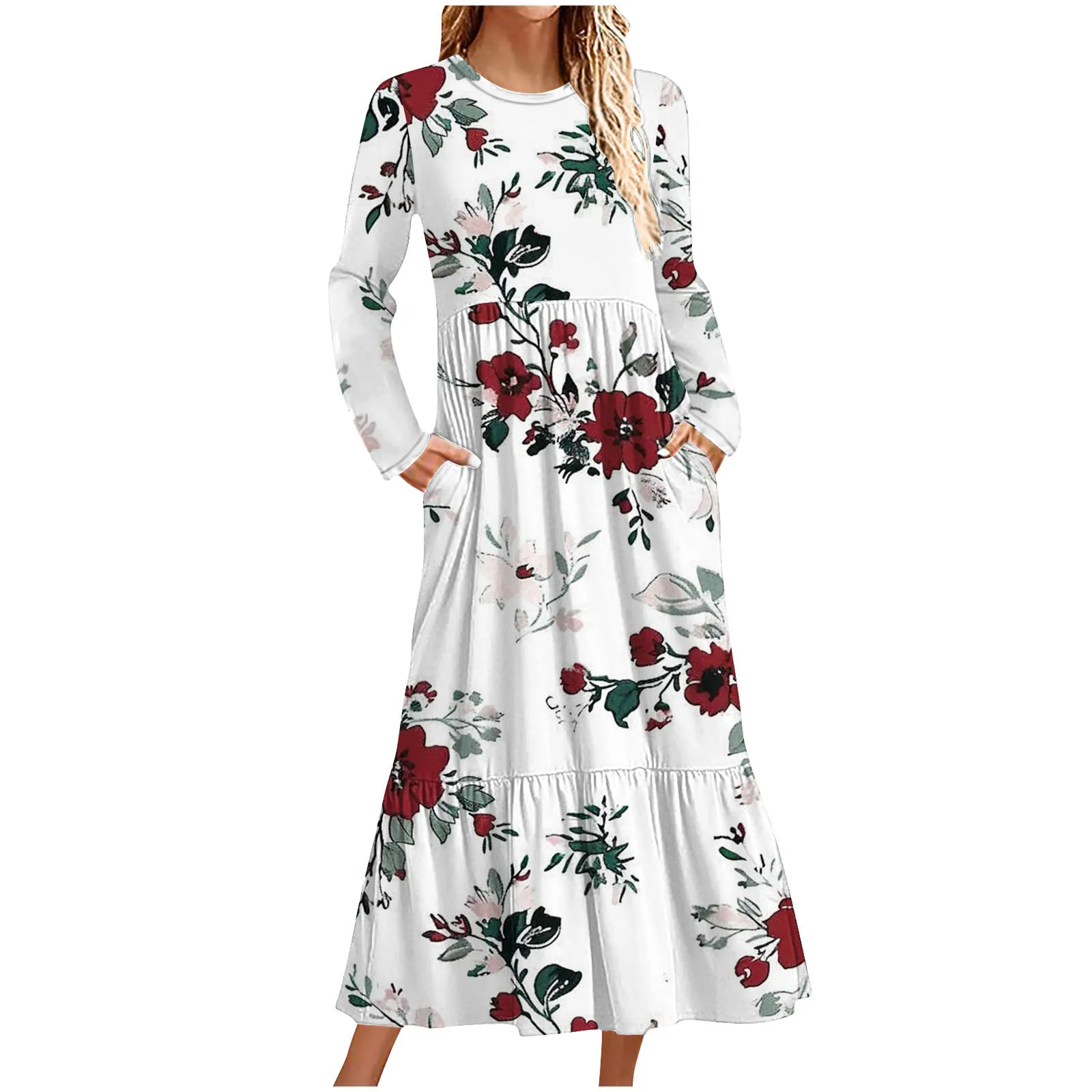 

Autumn new color vacation style travel round neck retro long skirt women's casual printed round neck long sleeved loose dress wo