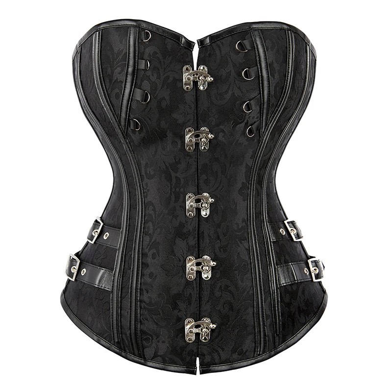 Waist Trainer Brocade Steampunk Jacquard Faux Leather Studded Overbust Brown Corset Bustier S-6XL