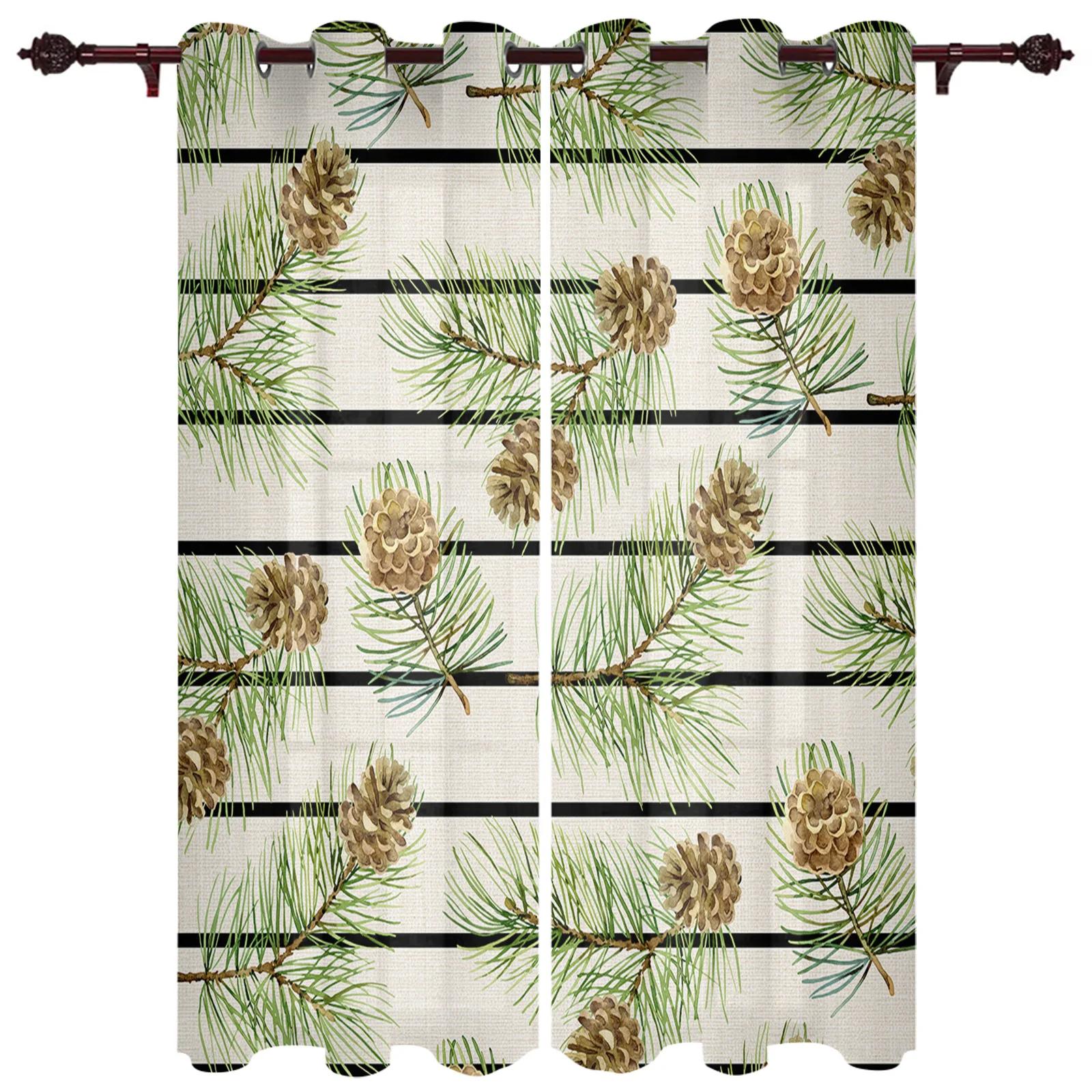 Christmas Stripes Pine Needles Pine Cones Window Curtains for Living Room Luxury Bedroom Curtains Coffee Kitchen Decor Drapes