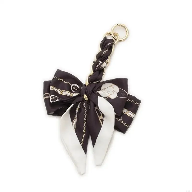 Elegant Silk Scarf Bow Keychain, Vintage Chain Print Bow Bag Charm, Fashion Decorative Pendant Key Ring for Handbags, Car Keys
