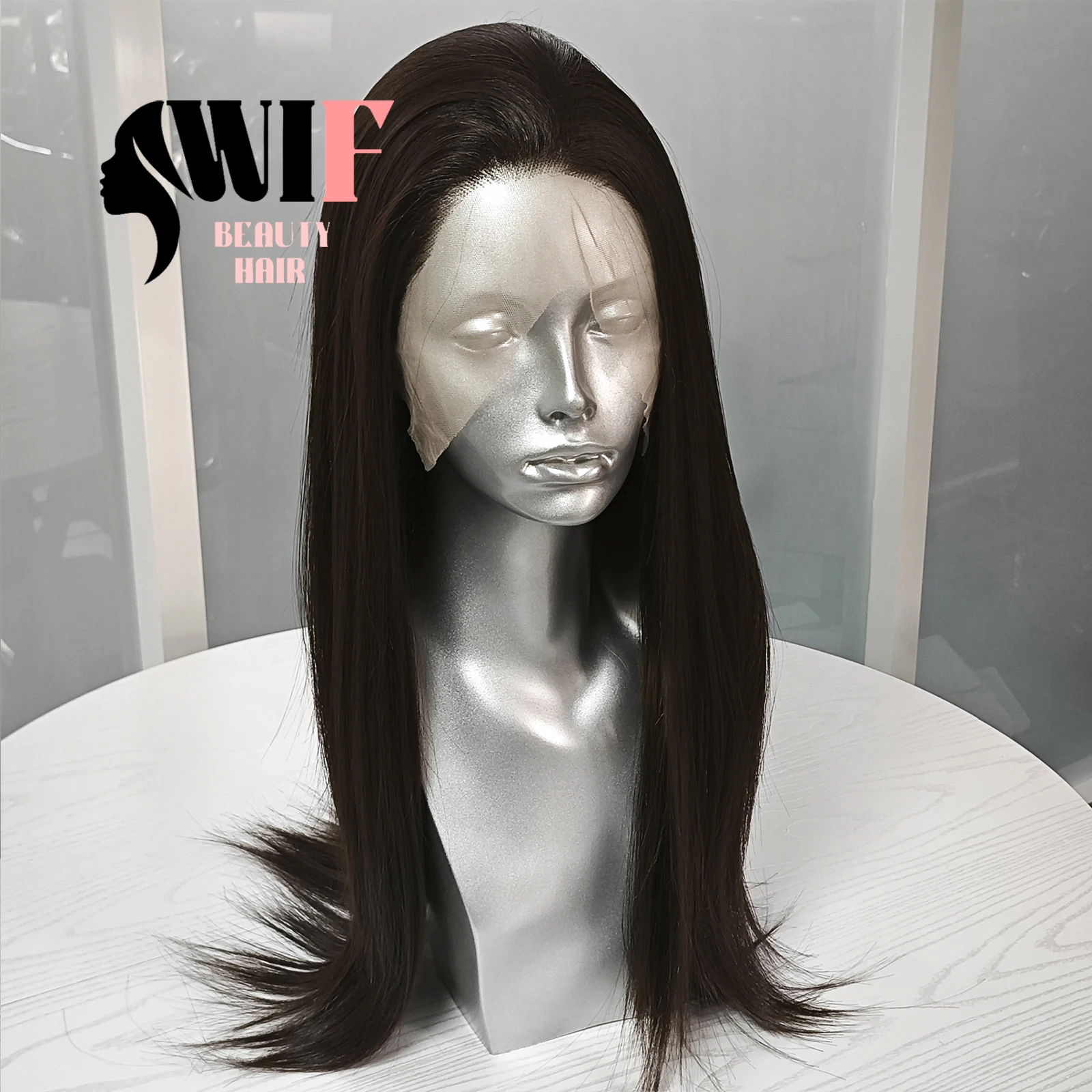 WIF Dark Brown Straight Synthetic Wig Silky Straight Heat Resistant Lace Front Wig Natural Hairline Free Part Daily Brown Hair