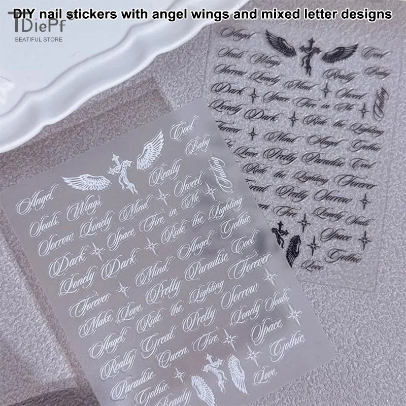 Black White Letter Words Nail Stickers Angel Wings Letter Mixed Designs Holographic Y2K Nail DIY Decorative Stickers