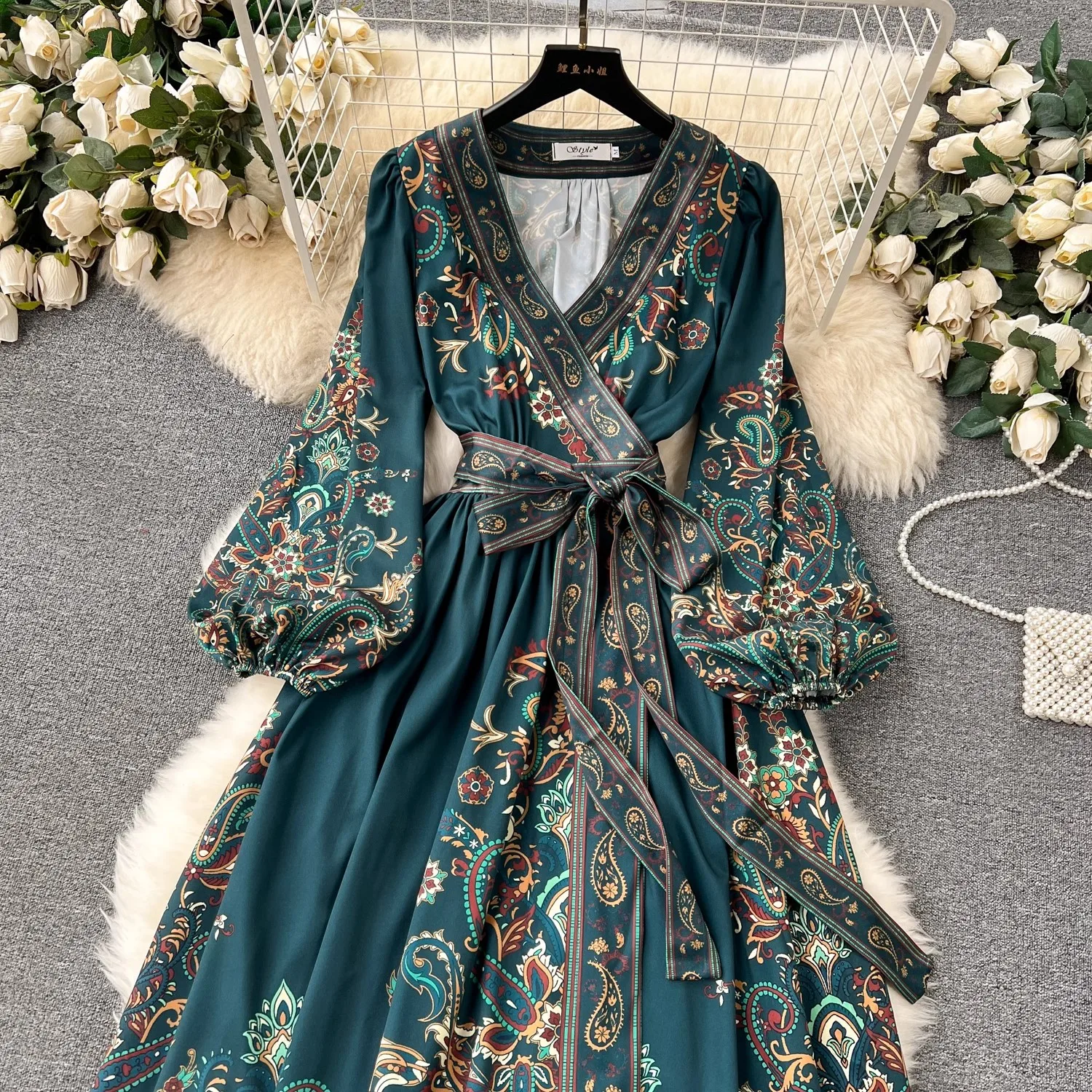 2024 New Spring Summer Women Print V Neck Lace Up Lantern Sleeve Ethnic Style Casual Vintage Beach Holiday Dresses