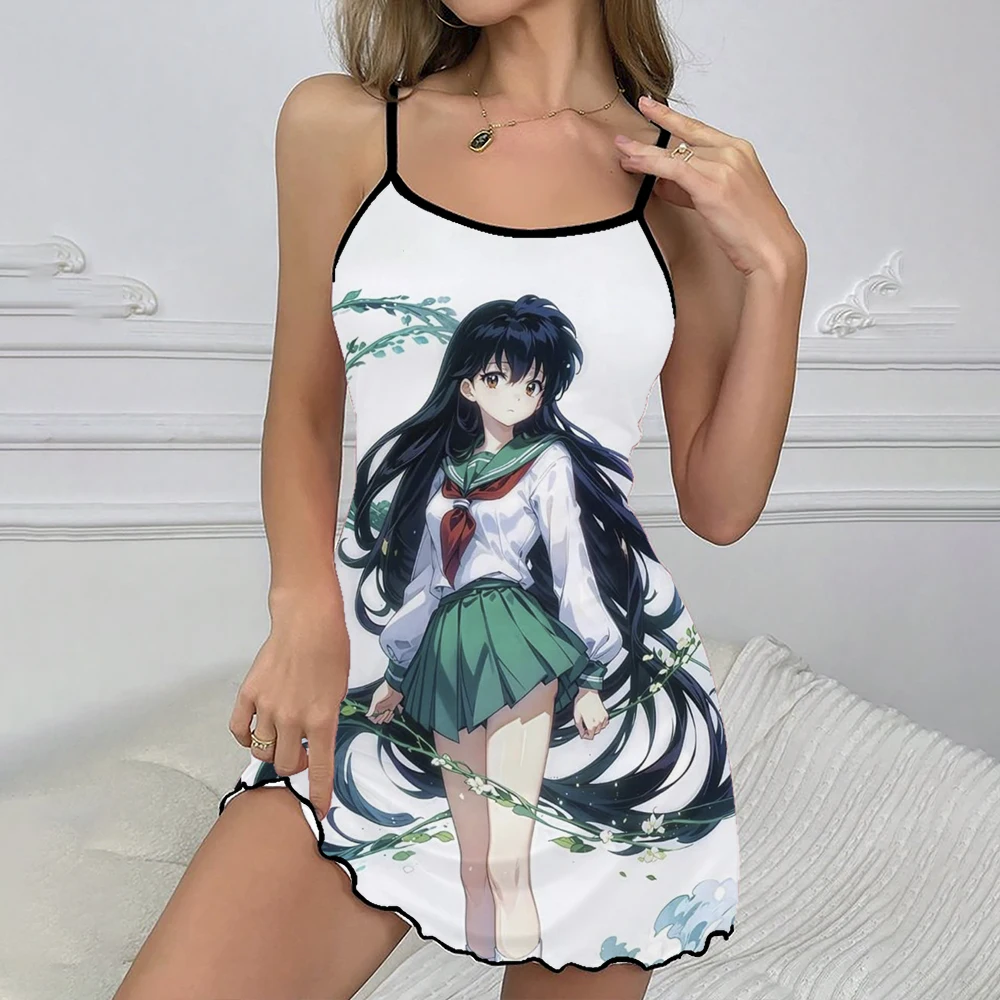 Women's Sexy Nightdress Sisters Pajama Party Inuyasha Print Summer Satin Lingerie Off-shoulder Short Suspender Nightdress