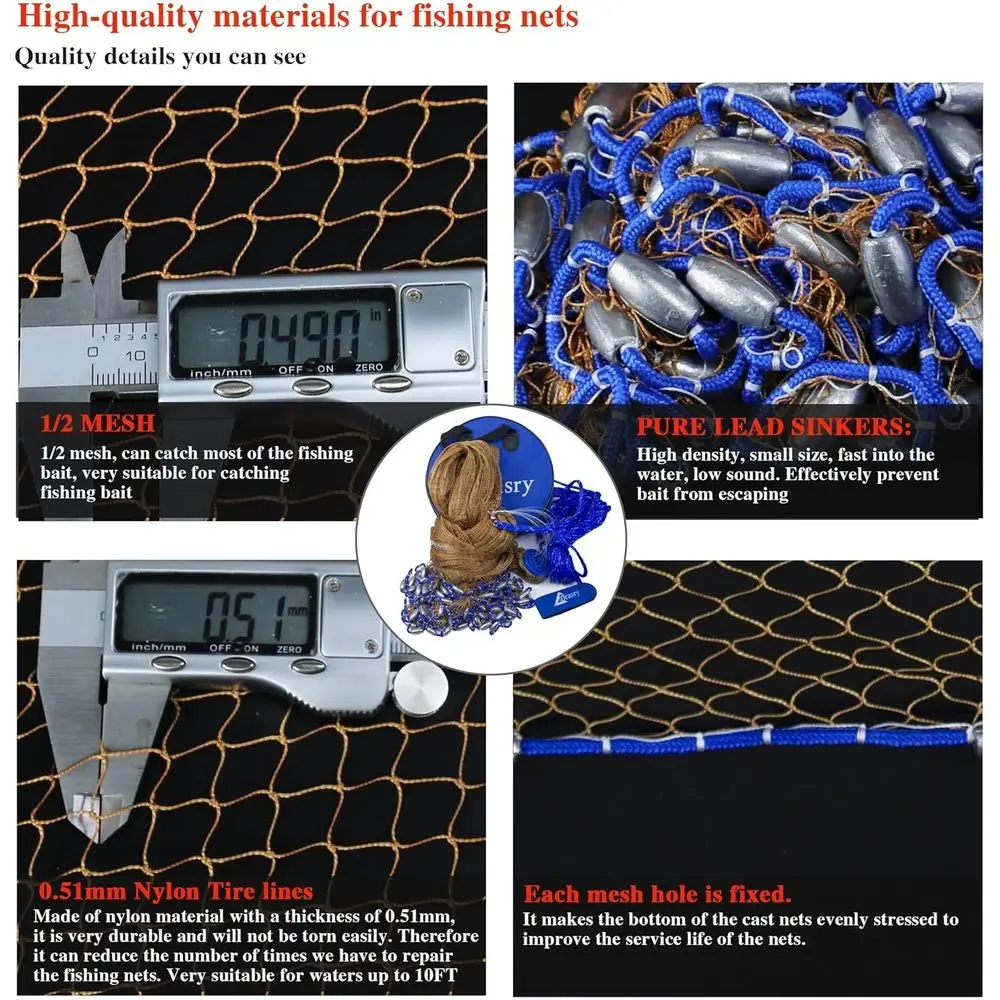 1/2 شبكة صيد الأسماك في المياه المالحة لمصيدة الطعم مع شبكة رمي السمك لغطاس الرصاص. حجم 3ft/4ft/5ft/6ft/7ft/8ft/9ft نصف القطر للمياه العذبة #4