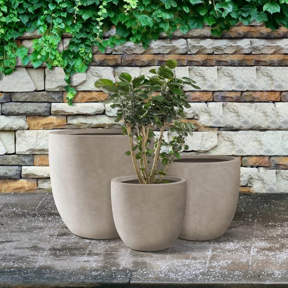 

Weathered Concrete Round Planters (Set of 3), Modern Planter Pots, Lightweight, Weather Resistant,Seamless with Drainage Hole