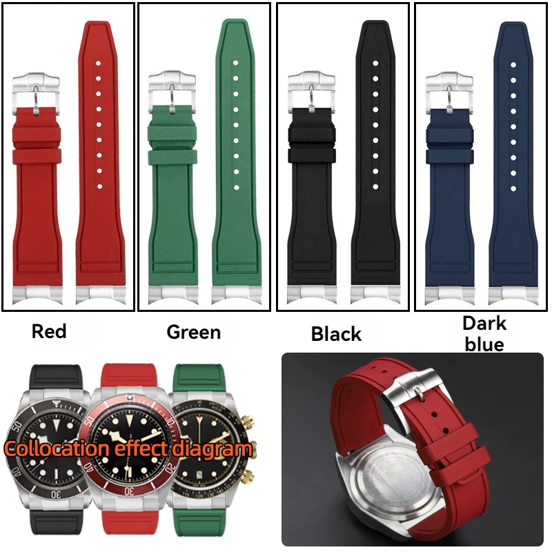 22mm Watch Band Fit  for Tudor Black Bay GMT Pelagos Biwan Bronze Black Blue Red Green Curved End Fluorine rubber strap