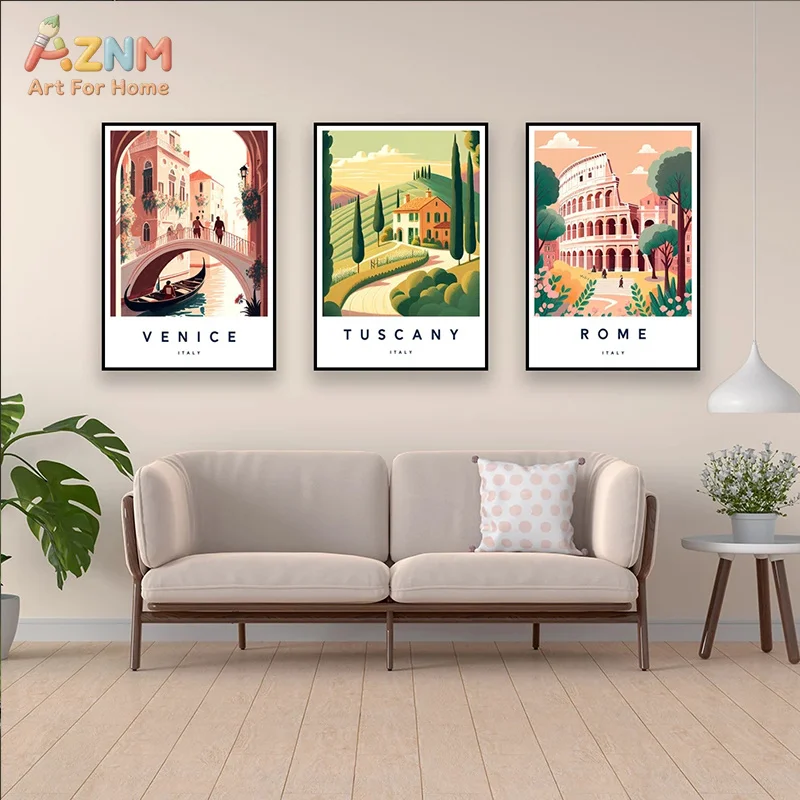 AZNM Italy Travel Canvas Wall Art Amalfi Rome Venice Florence Tuscany Vintage City Landscape Aesthetic Home Decor Poster Unframe