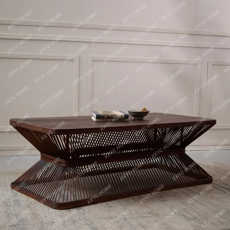 Bamboo woven square log coffee table, movable small apartment low table in front of living room sofa