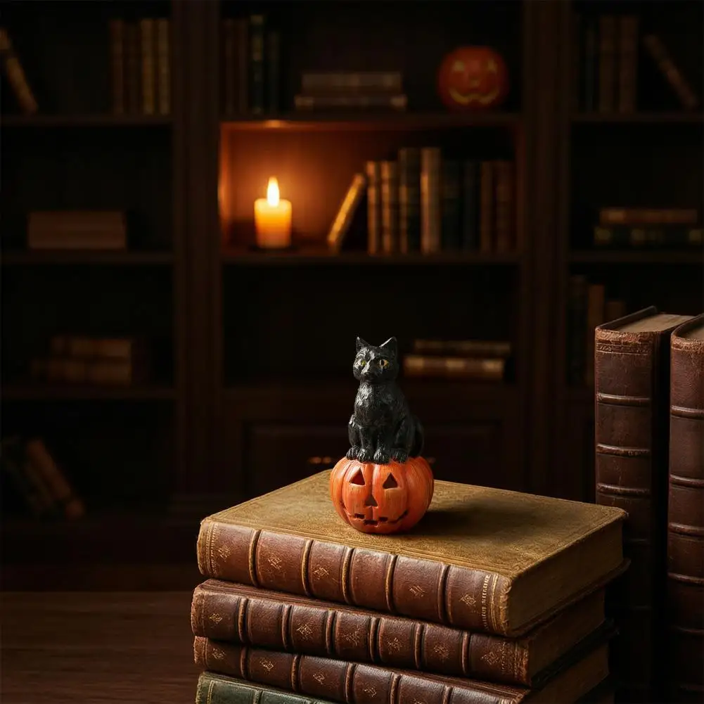 Halloween Resin Ornament Black Cat Pumpkin Figurine Halloween Decor Mini Resin Desktop Ornament Cute Office Home Shelf Sitter