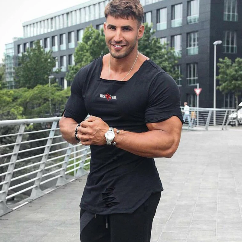 Camiseta de manga curta para musculação masculina, camiseta slim fit, roupa fitness, esportes de ginástica, buraco vintage, estender, moda casual