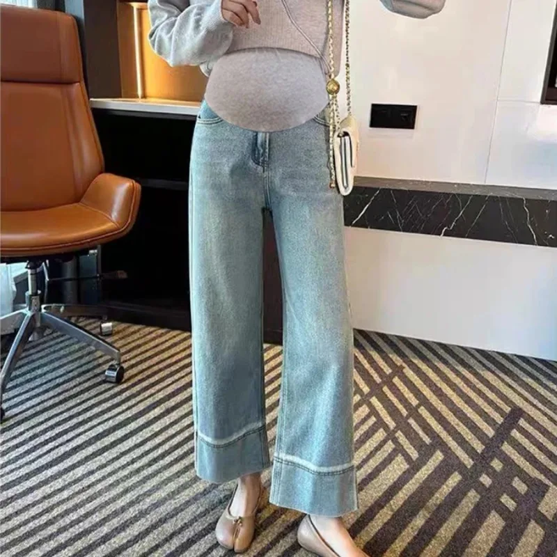 Distressed Old Washed Denim Cropped Jeans for Maternity Retro Casual Belly Straight Pants for Pregnant Women Summer Pregnancy
