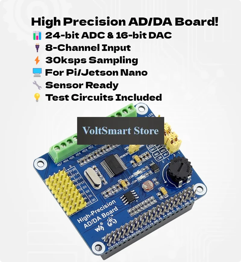 VoltSRaspberry Pi High Precision AD/DA Expansion Board - 24-bit ADC & 16-bit DAC With 8-Channel Input For Analog Sensors, Compat