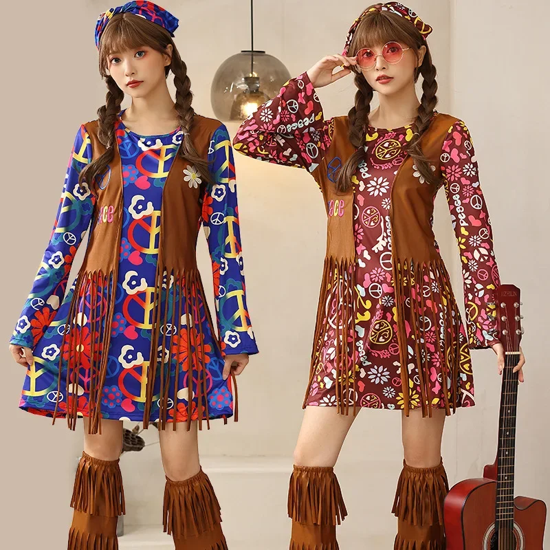 Hippie Cosplay Costume Women Peace Love Girls Party 60s 70s Hippie Stage Wear Clothes Indian Tassels Hippie Performance