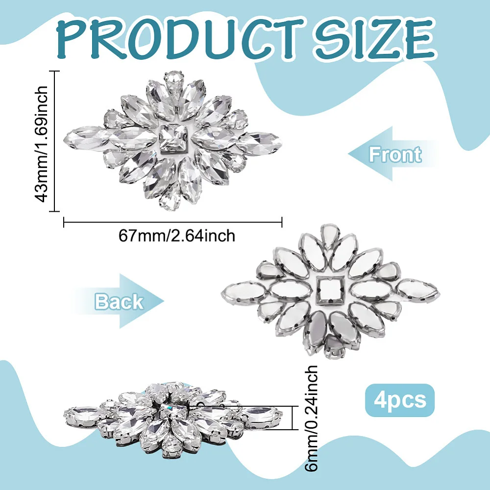 4Pcs Flower Rhinestone Applique 1.7x2.6Inch Iron on Rhinestone Patch Sew on Clear Appliques Floral Wedding Hotfix Rhinestones