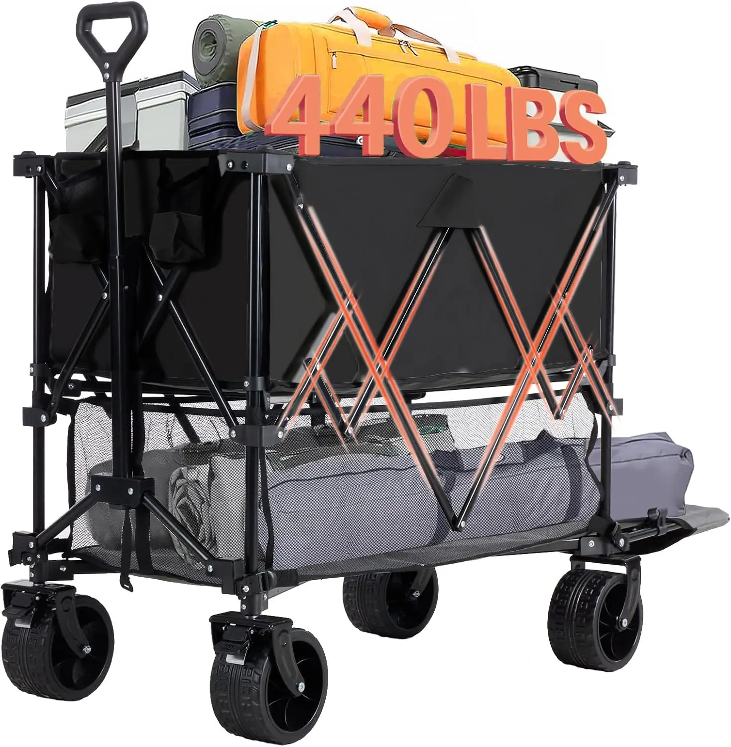 

440LBS Heavy Duty Double Decker Wagon with 51IN Extender, 400L Capacity Collapsible Garden Cart, All-Terrain 7IN Wheels with Brakes, Foldable Utility Wagon for Shopping, Camping, Black
