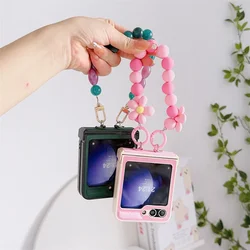Phone Case with Hinge Protection & Beads Wrist Strap Bracelet For Samsung Galaxy Z Flip 6 5 4 3 5G Hard Plastic PU Leather Cover