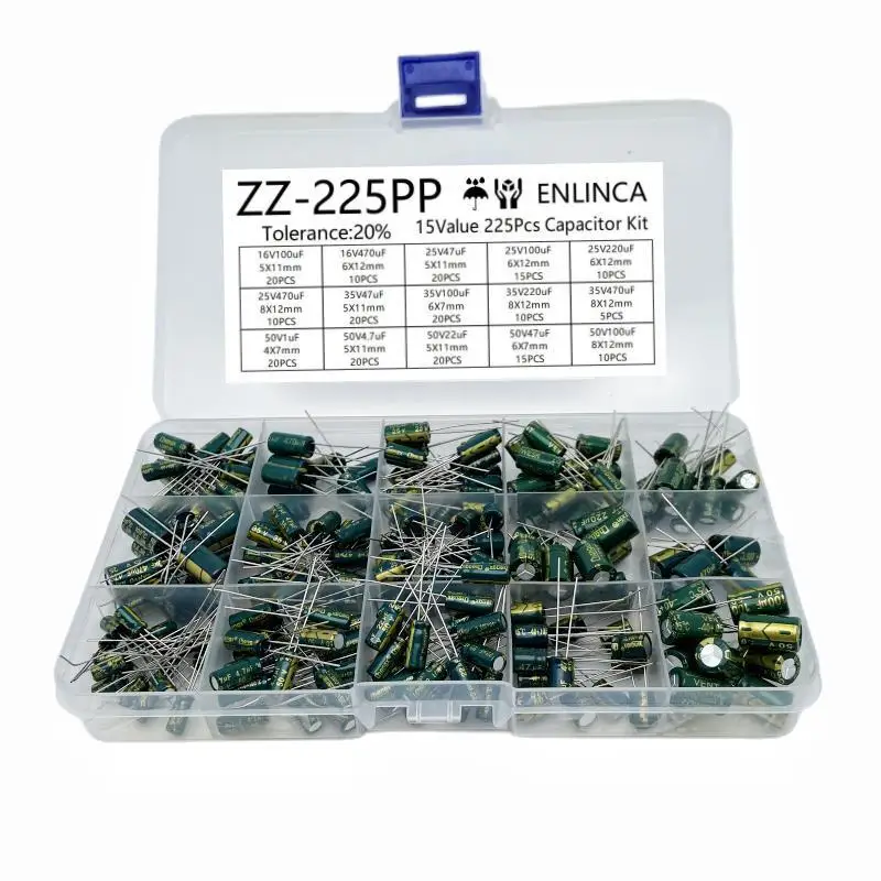 225Pcs/Box Capacitor Kit Aluminum Electrolytic Capacitors Set 15Values 16V-50V 1uF-470uF Assorted Kit Storage Low ESR