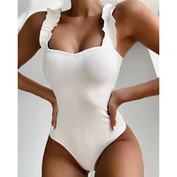 2023 Vintage Badeanzug Frauen einteilige Rüschen riemen Bade bekleidung weibliche Push-up Monokini gepolsterte Strand Badeanzüge schwarze Bodys