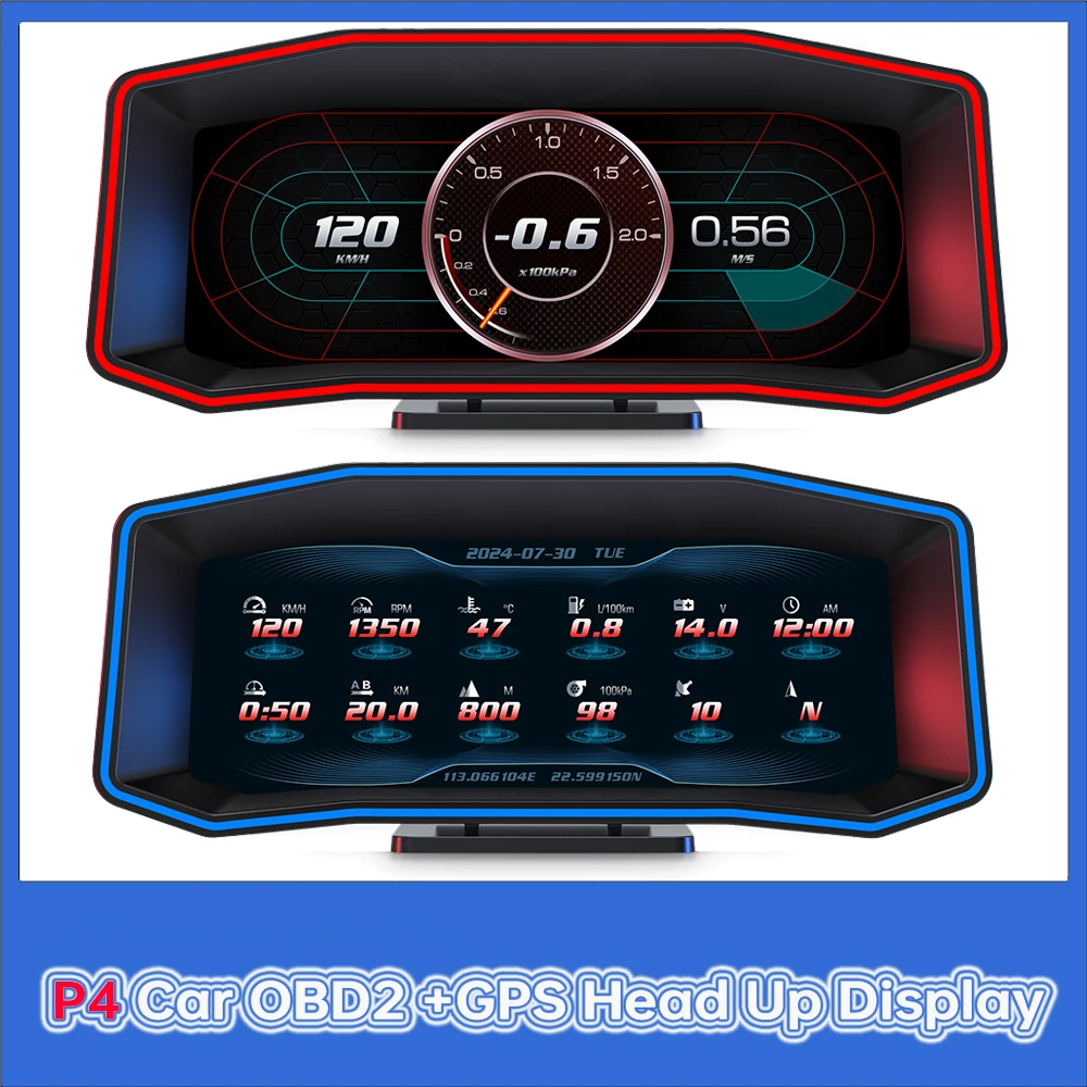 

Newest P4 Gauge Head Up Display OBD2 Smart Car GPS+OBD Digital Odometer Security Alarm Turbo Water&Oil Temp RPM Auto Meter