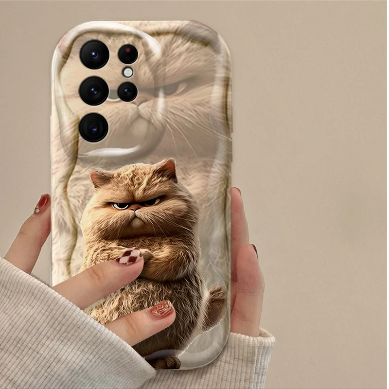 برتقالي أسود أبيض القط جميل التعبير حقيبة لهاتف سامسونج غالاكسي S25 S24 الترا S23 S22 S21 S20 زائد FE A56 A36 A26 غطاء متموج #5