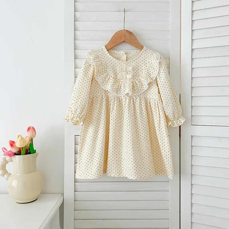 

Autumn Clothes Sweet Polka Dot Long Sleeve Baby Girl Romper with Lace Collar Toddler Dress Sister Outfit