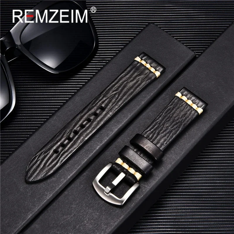 REMZEIM Handmade Vintage Genuine Leather Watchband Strap 18mm 20mm 22mm 24mm Watch Band Wrist Bracelets with Solid Buckle